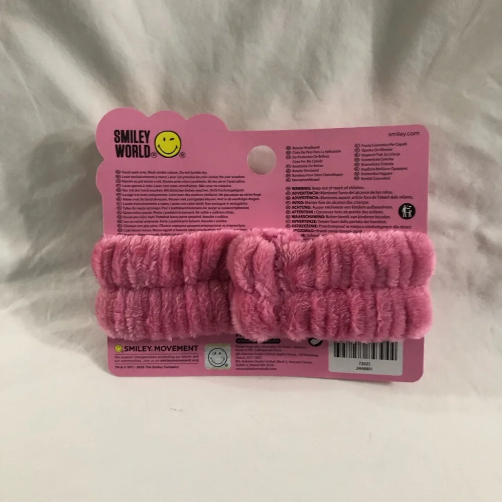 Pink Plush Headband with Yellow Smiley & Pink Heart